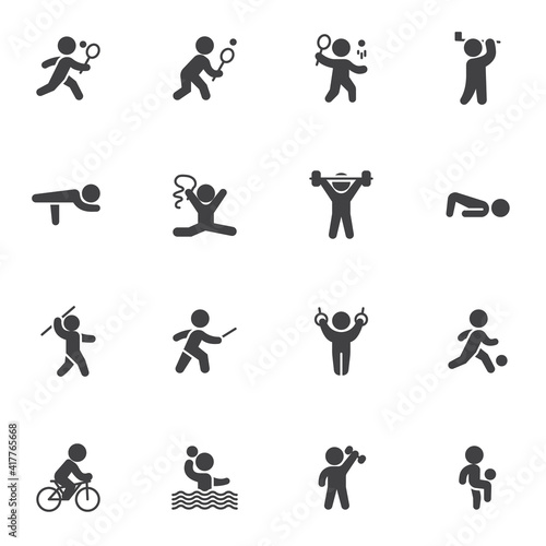 Kinds of sports vector icons set, modern solid symbol collection, filled style pictogram pack. Signs, logo illustration. Set includes icons as athletics, cycling, fencing, figure, gymnastics, tennis