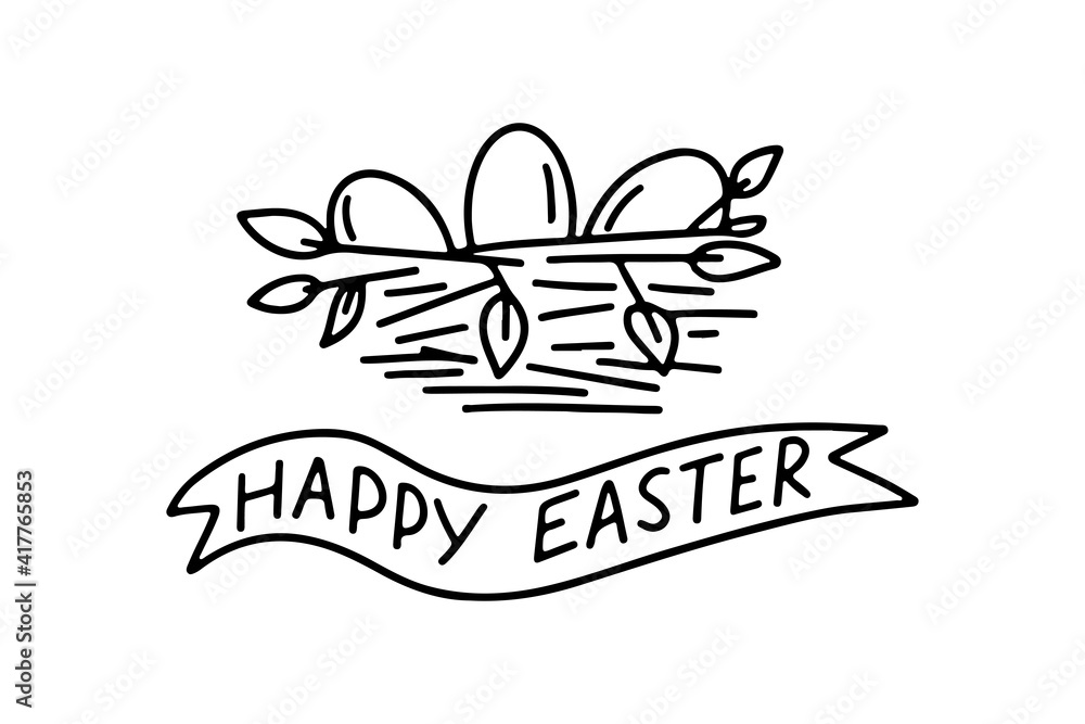 Hand drawn doodle Happy Easter card with nest, eggs isolated on white background. Vector illustration. Design for coloring book, greeting card, print. Hand drawn doodle Happy Easter card with nest, eggs isolated on white background. Vector illustration. Design for coloring book, greeting card, print.