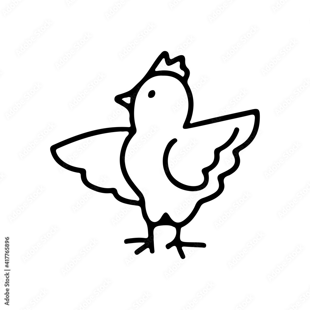 Fototapeta premium Hand drawn doodle Happy Easter card with chicken isolated on white background. Vector illustration. Design for coloring book, greeting card, print.