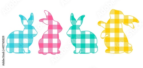 Silhouettes collection of Rabbits buffalo plaid colorful isolated on white background .Bunny Vector flat illustration. Easter design elements for birthday, party, holiday, prints