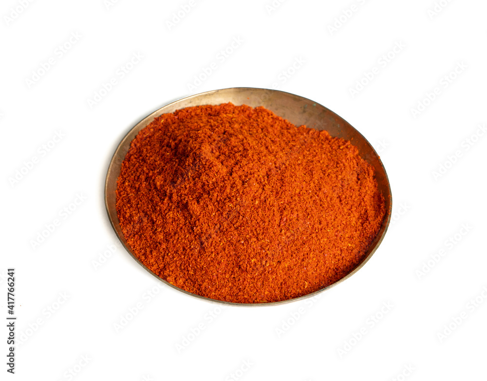 Heap of Red Chilli Pepper Powder Also Know as Mirchi, Mirchi Powder, Lal Mirchi, Mirch or Laal Mirchi isolated on White Background Heap of Red Chilli Pepper Powder Also Know as Mirchi, Mirchi Powder, Lal Mirchi, Mirch or Laal Mirchi isolated on White Background