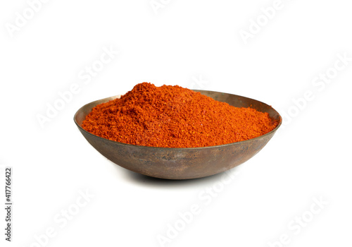 Heap of Red Chilli Pepper Powder Also Know as Mirchi, Mirchi Powder, Lal Mirchi, Mirch or Laal Mirchi isolated on White Background photo