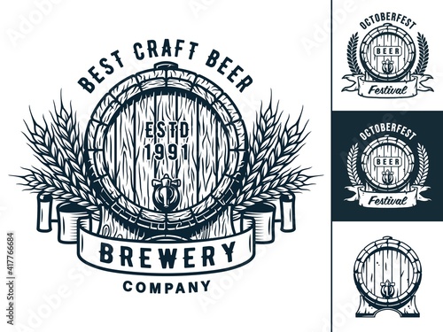 Set of wooden barrel emblem for beer, wine or whisky bar menu