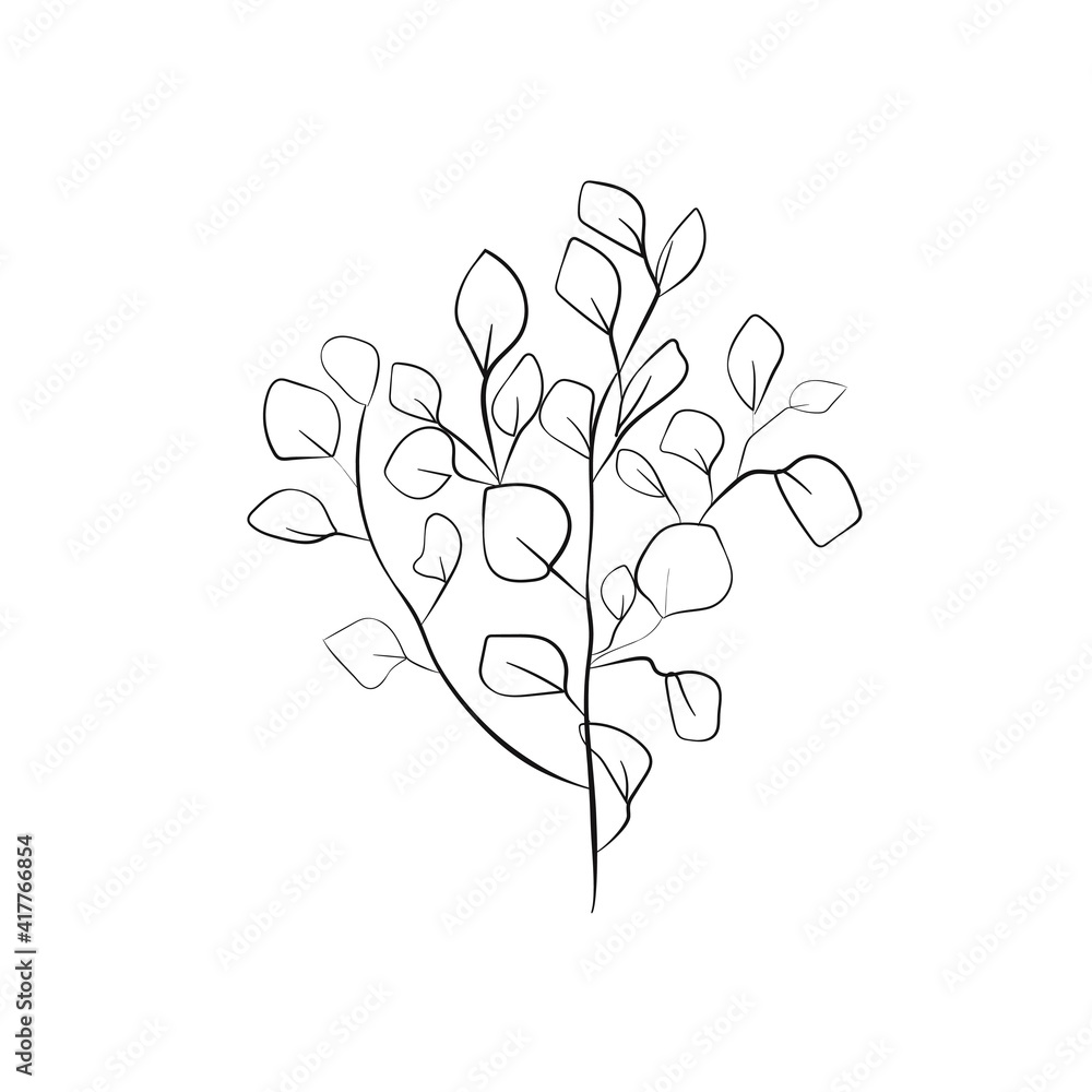 Flower with Leaves Line Art Drawing. Floral Minimalist Contour Drawing. Botanical One Line llustration. Plant Black Sketch Isolated on White Background. Vector EPS 10