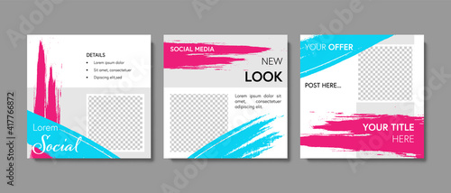 Pack of social media templates vector  abstract design  blue and magenta colors  brush elements  abstract graphic for digital marketing  product offer  business layouts  minimalism  web banner