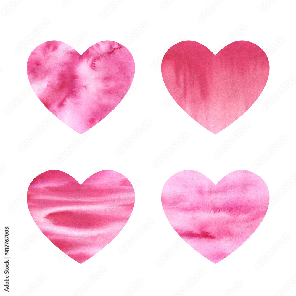 Watercolor Love Pink Hearts illustration set. Valentine's Watercolor Hearts, Love card making, Wall art.