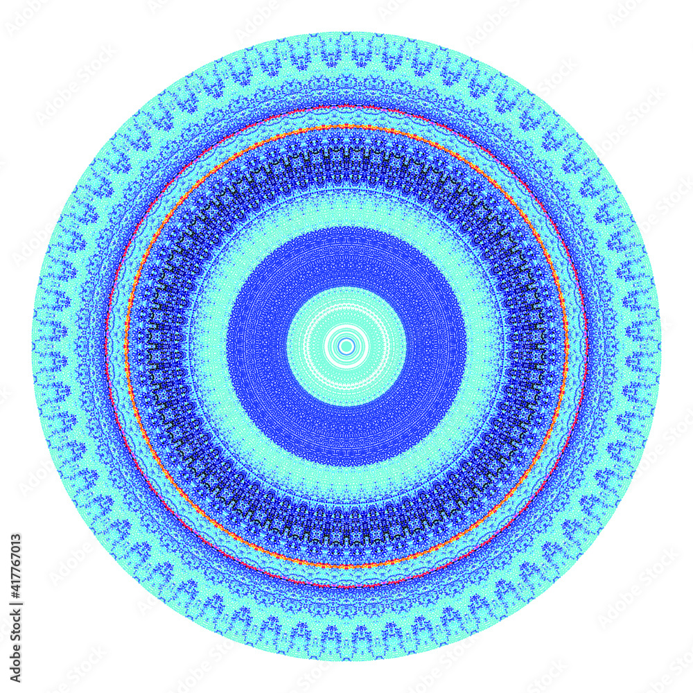 Fototapeta premium Creative blue points round symbol. Abstract symmetrical logo. Mosaic blue beads. Circle dots modern pixel floral art icon. Blue pattern ornament wheel decorative illustration eps10.
