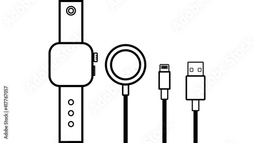 Smart watch, Wireless Charger, Cable Charge, USB Cable Smart Device Outline icon Isolate on White Background