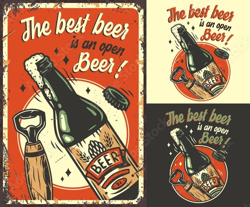 Set of poster, t-shirt colored print, craft lager beer bottle with foam. Pint, opener and beer cap for bavarian oktoberfest