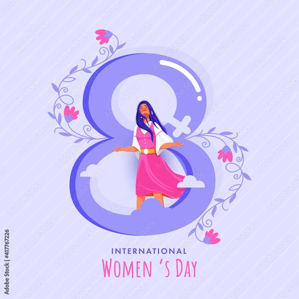 Beautiful text 8 with Feminine Symbol, Young Happy Girl Illustration and Flowers. International Womens Day Greeting Card Design. Beautiful text 8 with Feminine Symbol, Young Happy Girl Illustration and Flowers. International Womens Day Greeting Card Design.