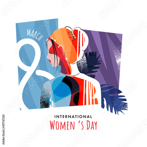 8 March Internation Womens Day Greeting Card Design with Women Face on Abstract Background.