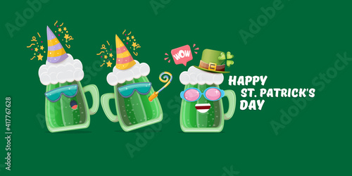 Happy st. Patricks day horizontal banner with cartoon funny beer glass friends characters with sunglasses isolated on green background. Patricks day cartoon comic poster with funky green beer