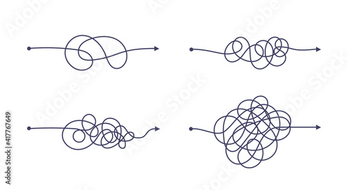 Complex and easy simple way from start to end vector illustration set. Chaos simplifying, problem solving and business solution searching challenge concept. Hand drawn doodle scribble chaos path lines