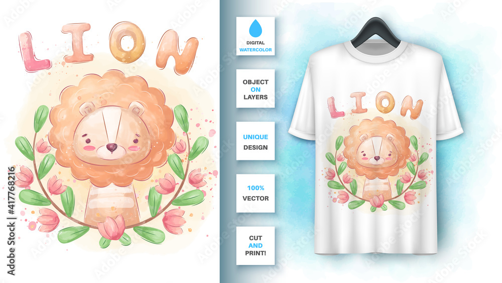 Lion in flower poster and merchandising. Lion in flower poster and merchandising.
