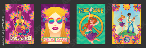 Hippie peace and love posters, woman gesturing, girl in rainbow glasses and flower wreath and man playing guitar on floral background. Happy smiling people in retro clothes on field Cartoon vector set