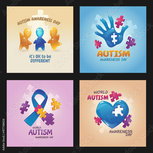 Autism world awareness day posters with puzzle pieces, open palm with hole, blue ribbon, kids figures waving hands and heart, it's ok to be different, children support, cartoon vector illustration