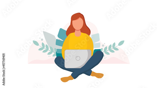 Girl with laptop on the floor. Freelance or studying concept. Illustration in flat style. Vector illustration of freelance work. Woman work online, teleworking. 