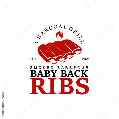 Barbecue Logo Design Grill and Smoke Meat. Tasty Food Baby Back Ribs Menu Template Ideas