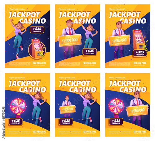 Jackpot casino win ad posters. Lucky woman celebrate winning prize jumping at money and confetti falling at lucky wheel and on one-armed bandit slot machine, happy winner. Cartoon vector illustration