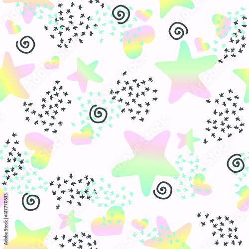 Vector seamless pattern with doodle lines, stars and harts. Pretty background for fabrics design.