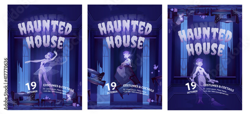 Haunted house cartoon flyers, invitation to Halloween party with costumes and cocktails. Abandoned hall with ghosts walk in darkness. Scary corridor with spooky dead characters, vector illustration