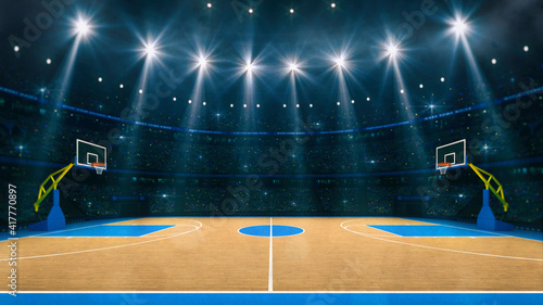 Basketball sport arena. Interior view to wooden floor of basketball court. Two basketball hoops side view. Digital 3D illustration of sport background. photo
