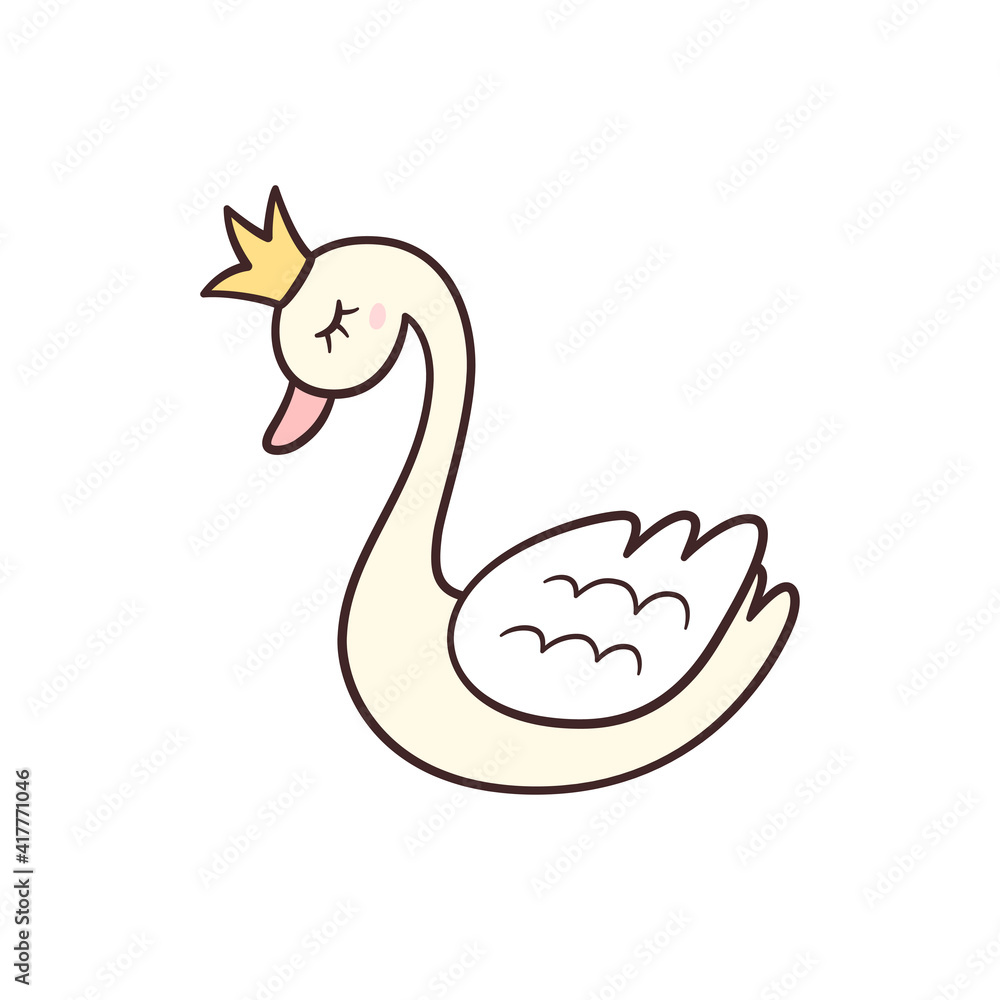 Fototapeta premium Little Princess Swan with crown. Isolated vector illustration in doodle style on white background