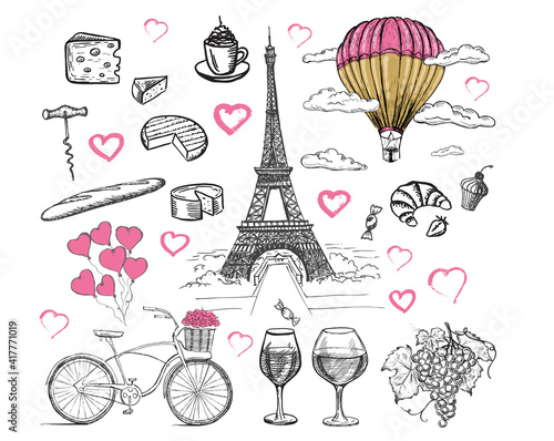 French icons, set of hand drawn style, Paris sketch illustration, vector.