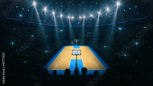 View from the grandstand of the basketball arena. Interior view to wooden floor of basketball court.  Digital 3D illustration of sport background. photo