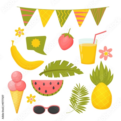 Hello summer set, collection of objects isolated on white background in cartoon, scandinavian style. Banana, pineapple, strawberry and watermelon fruits. Speech bubble, palm leaves and sunglasses. 