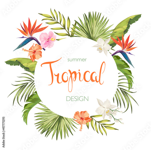 Tropical vector flyer with exotic plants and palm leaves. Advertising template. Summer print design.