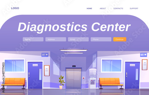 Diagnostics center cartoon landing page. Hospital corridor interior, empty medical clinic hallway in with chairs, doors to wards, water cooler and elevator, health care service, Vector web banner