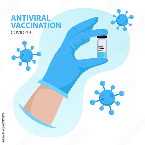 Coronavirus vaccination card. Covid-19 prevention. Hand in medical glove holding vaccine bottle. Safety measure during coronavirus. Vector illustration.