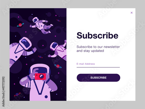 Email subscription design with funny cosmonauts. Online newsletter template with astronauts flying in space. Galaxy adventure and universe concept. Design for website illustration