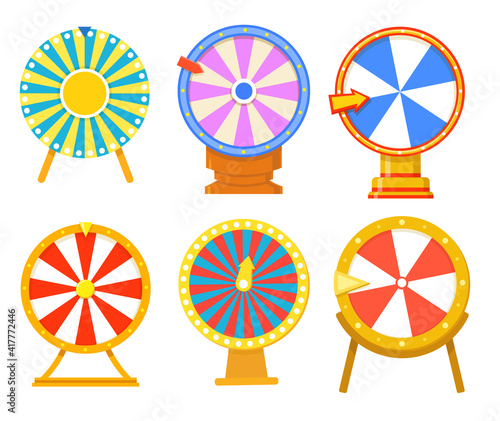 Trendy colorful wheels of fortune flat illustration collection. Cartoon spinning roulettes with prize sections isolated vector illustrations. Gambling and internet casino concept