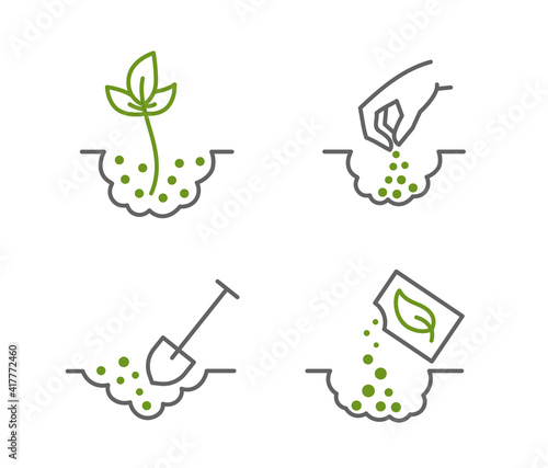 Planting seeds in the soil. Dig a little hole. Agriculture and gardener. Growing plants. Set of icons. Sowing seeds. Vector contour line.