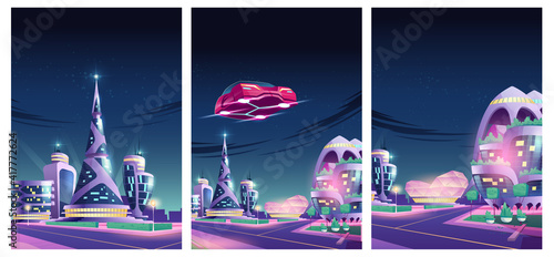 Future night city with flying car and futuristic neon glowing glass buildings Alien urban architecture skyscrapers of unusual shapes, green plants, aerial automobile. Cartoon vector illustration, set