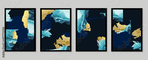 Luxury gold wallpaper.  Black and golden background. Mountain wall art design with dark blue and green color, shiny golden light texture. Modern art mural wallpaper. Vector illustration.