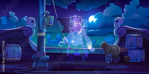 Ghost of pirate on ship deck with black jolly roger flag at night. Vector cartoon illustration with spirit of dead captain with hook, wooden leg and beard in sailor costume on boat in moonlight