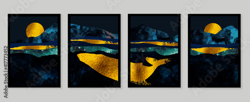 Luxury gold wallpaper.  Black and golden background. Mountain wall art design with dark blue and green color, shiny golden light texture. Modern art mural wallpaper. Vector illustration.