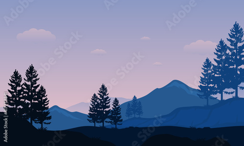 A fresh morning atmosphere in the countryside with views of the mountains and pine trees around it. Vector illustration