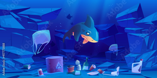 Sad shark, floating plastic bags and garbage underwater in sea or ocean. Ocean pollution by trash, global littering. Vector cartoon landscape of seabed with bottles, cups and barrel with toxic waste