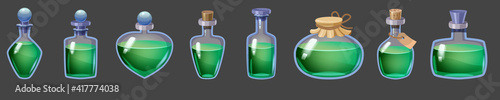 Set of Bottles magic liquid potion fantasy elixir. Game icon GUI for app games user interface. Vector illstration