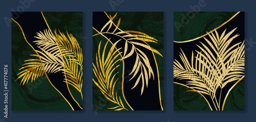 Luxury gold wallpaper.  Black and golden background. Tropical leaves wall art design with dark blue and green color, shiny golden light texture. Modern art mural wallpaper. Vector illustration.