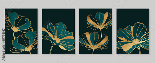 Luxury gold wallpaper.  Black and golden background. flower wall art design with dark blue and green color, shiny golden light texture. Modern art mural wallpaper. Vector illustration.