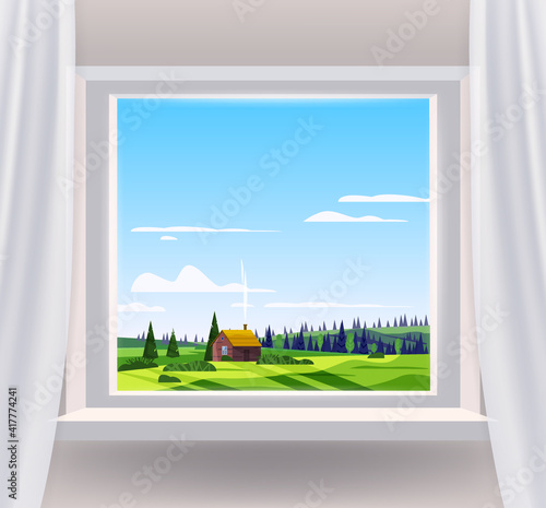 Open window interior home with a rural landscape view nature. Country spring summer landscape from view the window of house farm green meadow fields panorama. Vector illustration flat cartoon style