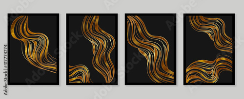 Luxury gold wallpaper.  Black and golden background. Grunge wall art design with golden line art and abstract shape. Modern art mural wallpaper. Vector illustration.