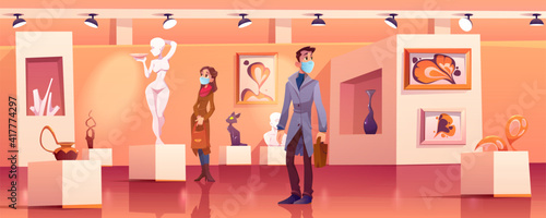Visitors wear medic masks in museum with modern artworks. Art gallery interior with contemporary exhibition and tourists during coronavirus pandemic. People look exposition cartoon vector illustration