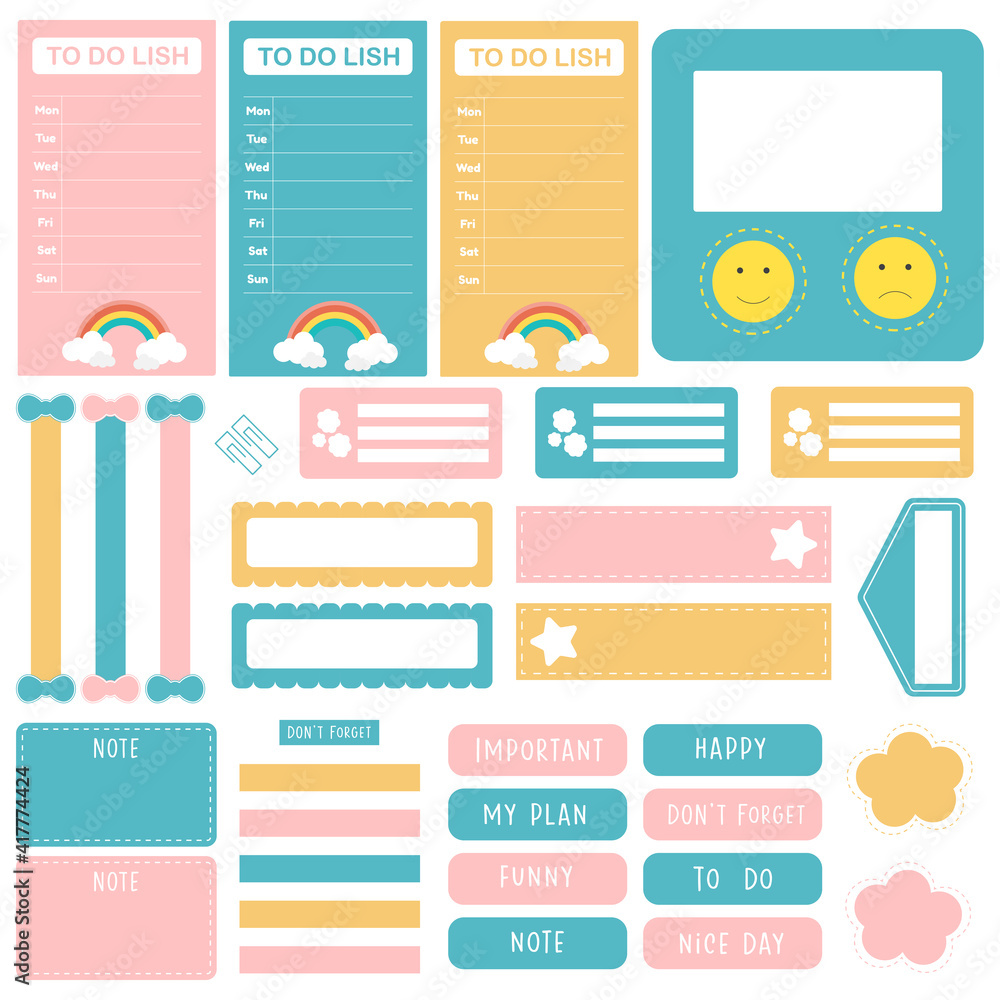 Cute paper notes in sweet color set. Printable planner stickers. Template for your message. Decorative planning element. Vector illustration. Cute paper notes in sweet color set. Printable planner stickers. Template for your message. Decorative planning element. Vector illustration.