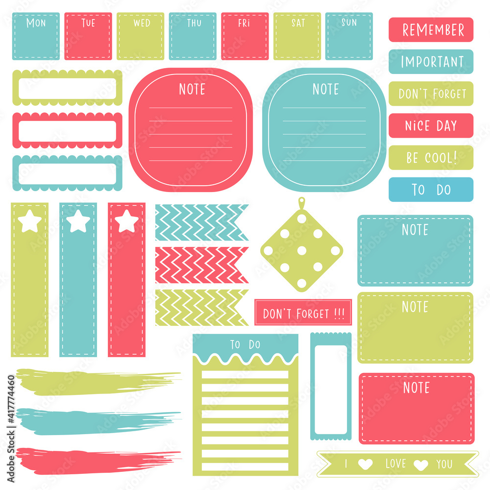 Cute paper notes in sweet color set. Printable planner stickers. Template for your message. Decorative planning element. Vector illustration. Cute paper notes in sweet color set. Printable planner stickers. Template for your message. Decorative planning element. Vector illustration.